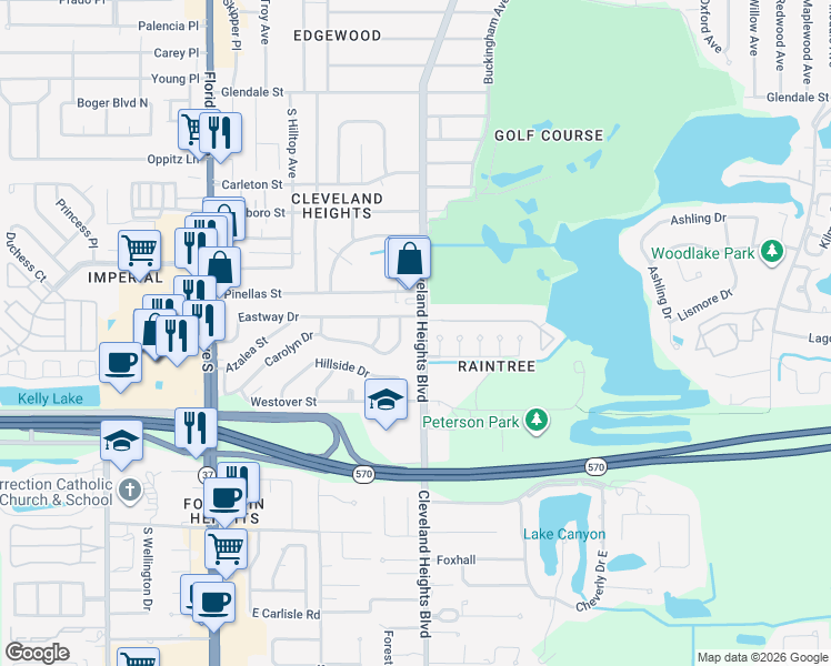 map of restaurants, bars, coffee shops, grocery stores, and more near 3527 Cleveland Heights Boulevard in Lakeland