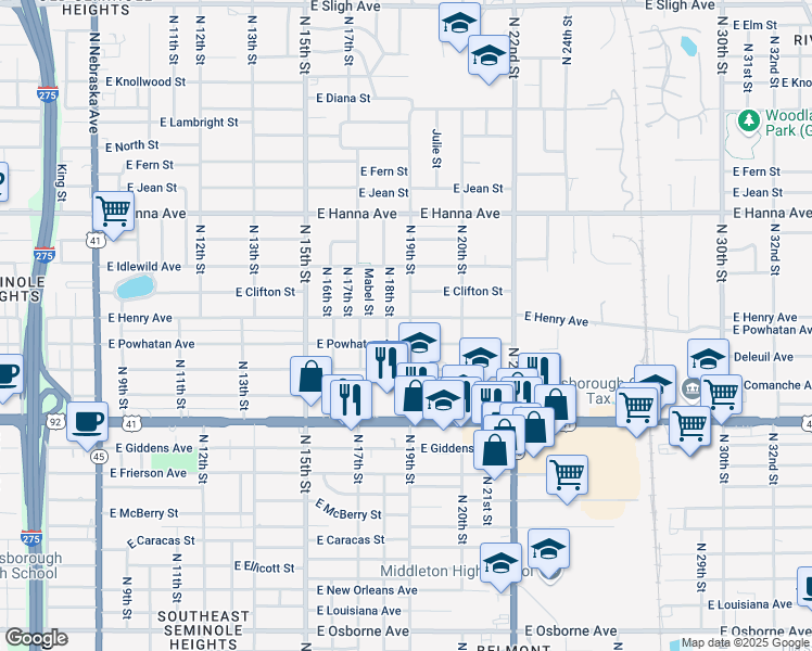 map of restaurants, bars, coffee shops, grocery stores, and more near 5701 North 19th Street in Tampa
