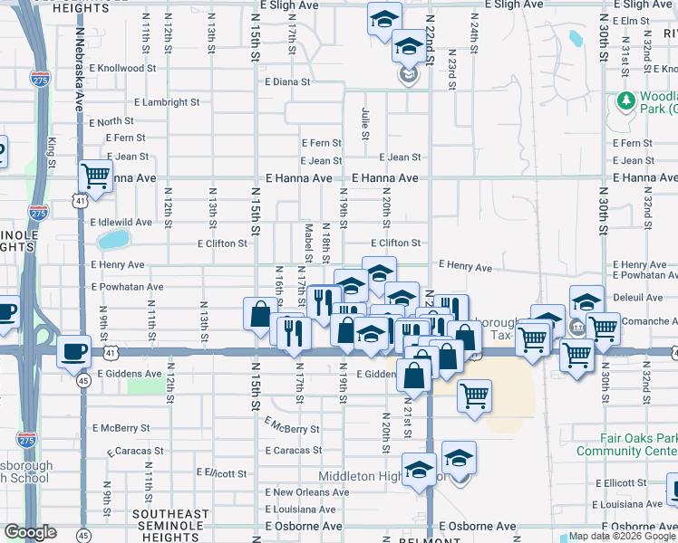 map of restaurants, bars, coffee shops, grocery stores, and more near 5701 North 19th Street in Tampa