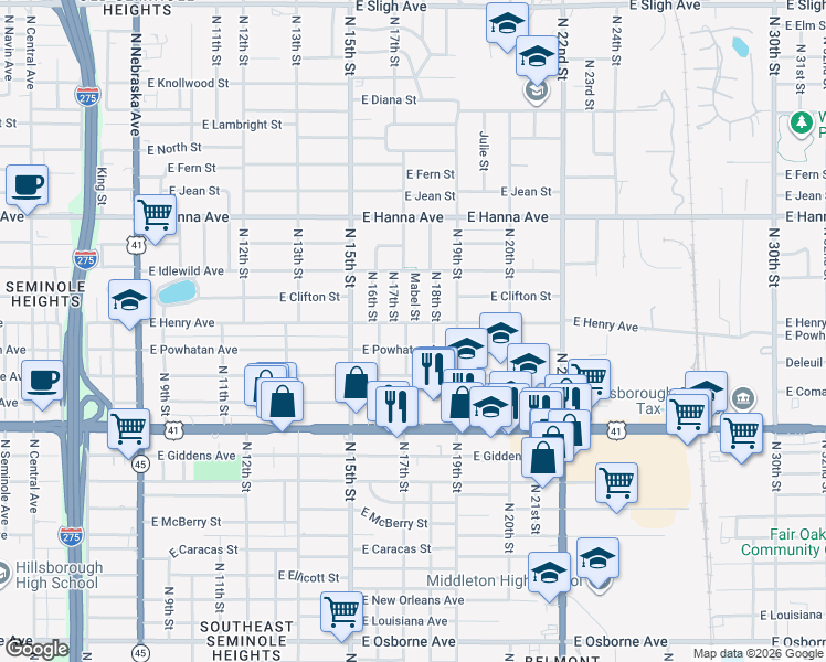 map of restaurants, bars, coffee shops, grocery stores, and more near 1710 East Powhatan Avenue in Tampa