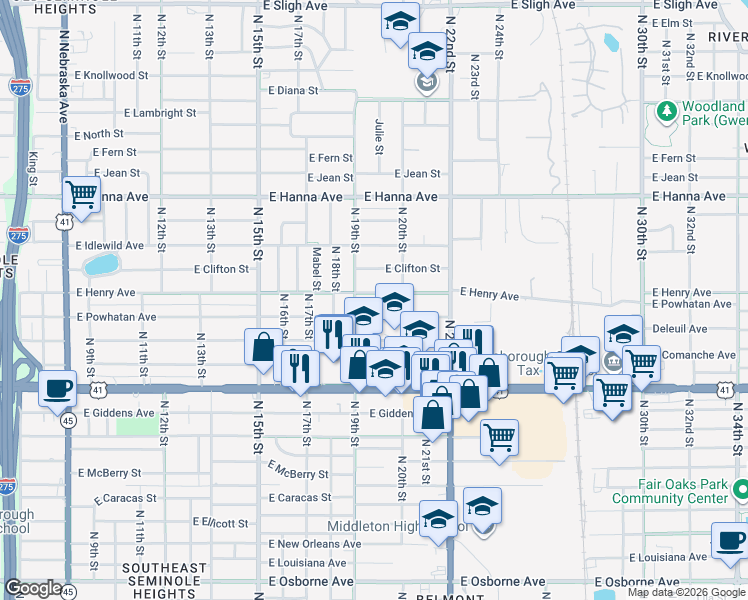 map of restaurants, bars, coffee shops, grocery stores, and more near 1909 East Henry Avenue in Tampa