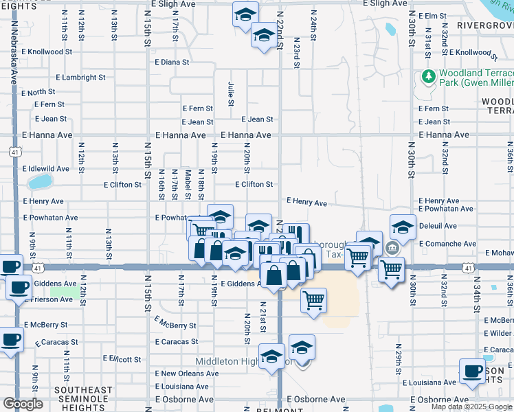 map of restaurants, bars, coffee shops, grocery stores, and more near 2014 East Powhatan Avenue in Tampa