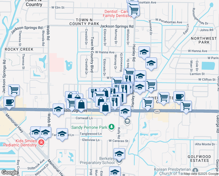 map of restaurants, bars, coffee shops, grocery stores, and more near 7611 Paula Drive in Tampa