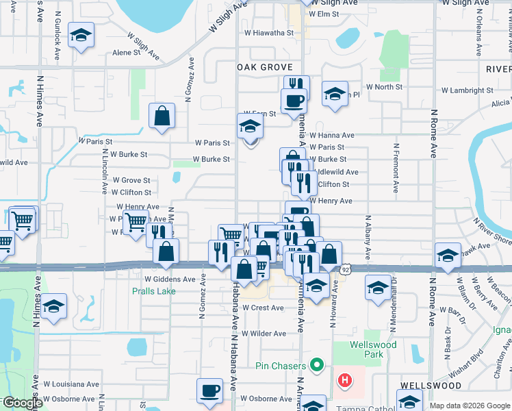 map of restaurants, bars, coffee shops, grocery stores, and more near 2702 West Henry Avenue in Tampa