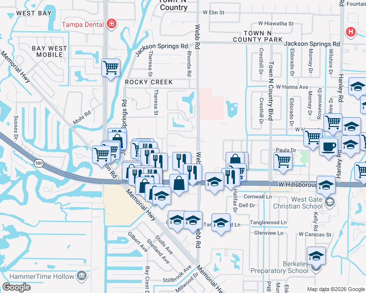 map of restaurants, bars, coffee shops, grocery stores, and more near 5625 Forest Haven Circle in Tampa