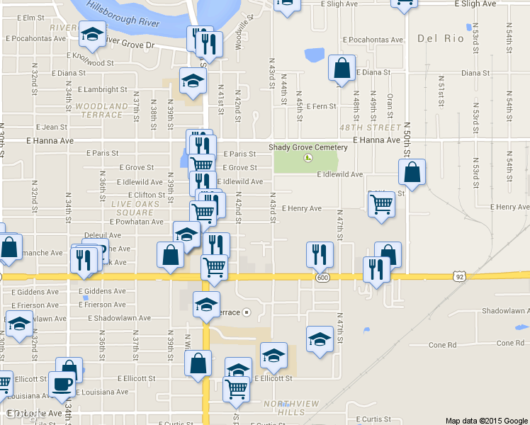 map of restaurants, bars, coffee shops, grocery stores, and more near 4229 East Powhatan Avenue in Tampa