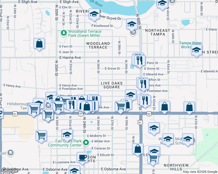 map of restaurants, bars, coffee shops, grocery stores, and more near 3617 East Powhatan Avenue in Tampa