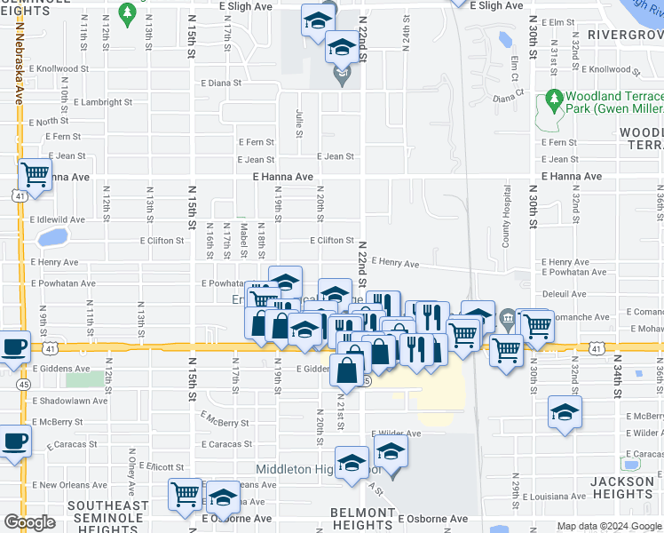 map of restaurants, bars, coffee shops, grocery stores, and more near 2014 East Powhatan Avenue in Tampa