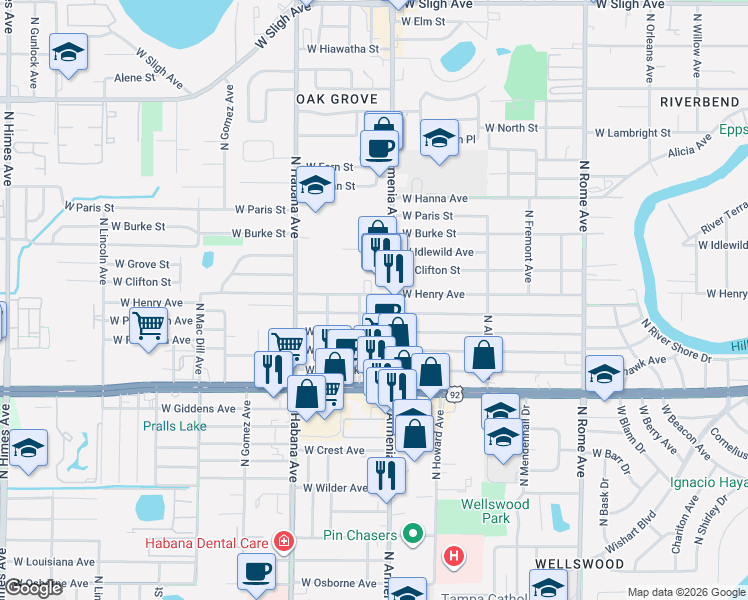 map of restaurants, bars, coffee shops, grocery stores, and more near 2507 West Powhatan Avenue in Tampa