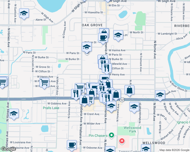 map of restaurants, bars, coffee shops, grocery stores, and more near 2606 West Powhatan Avenue in Tampa