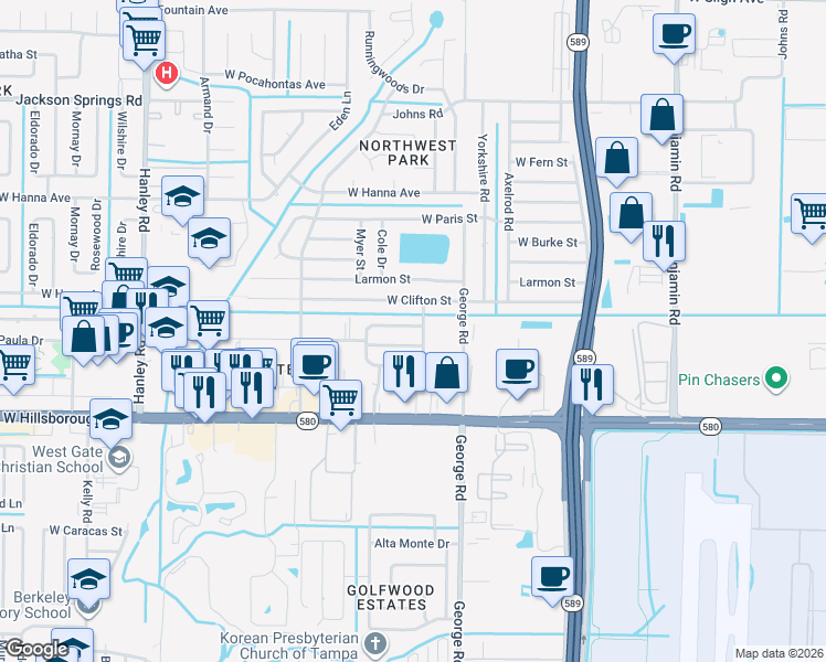 map of restaurants, bars, coffee shops, grocery stores, and more near 6504 Saline Street in Tampa
