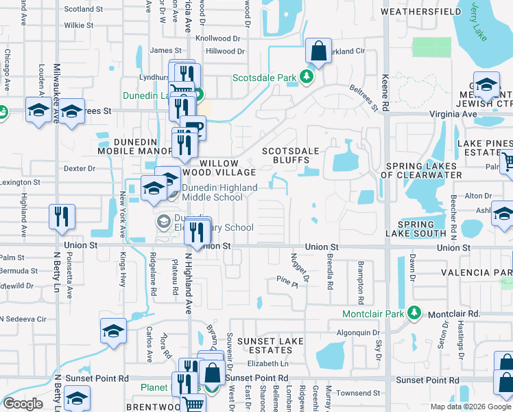 map of restaurants, bars, coffee shops, grocery stores, and more near 65 Lexington Drive in Dunedin