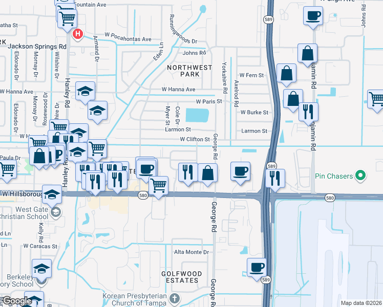map of restaurants, bars, coffee shops, grocery stores, and more near 6504 Saline Street in Tampa