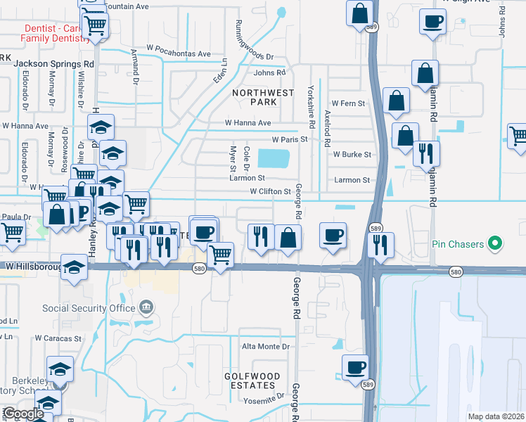 map of restaurants, bars, coffee shops, grocery stores, and more near 6506 Saline Street in Tampa