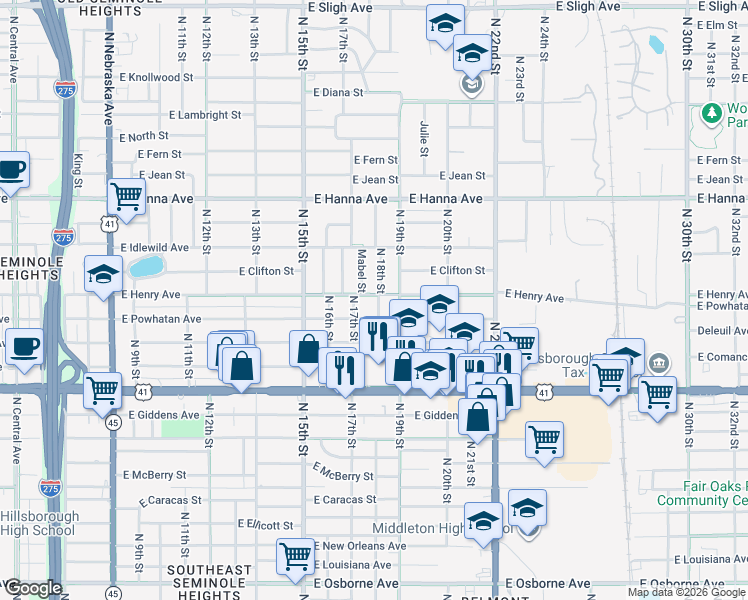 map of restaurants, bars, coffee shops, grocery stores, and more near 1709 East Henry Avenue in Tampa