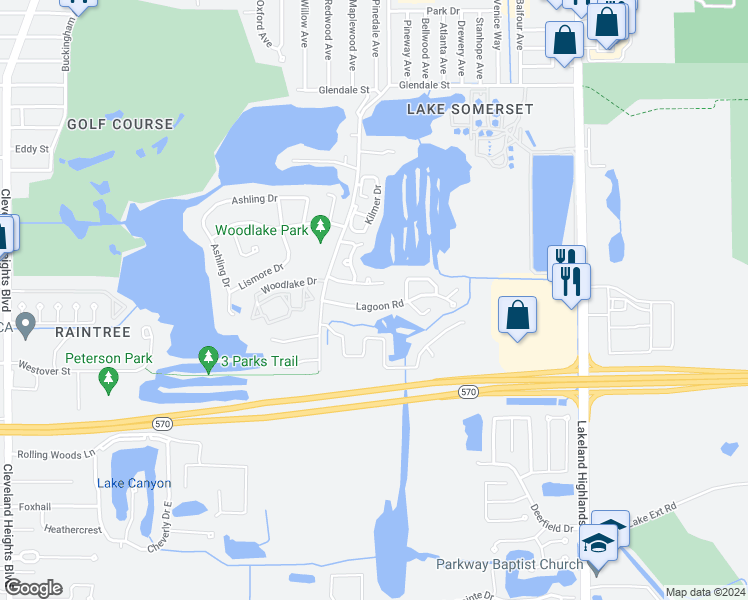 map of restaurants, bars, coffee shops, grocery stores, and more near 1604 Lagoon Road in Lakeland