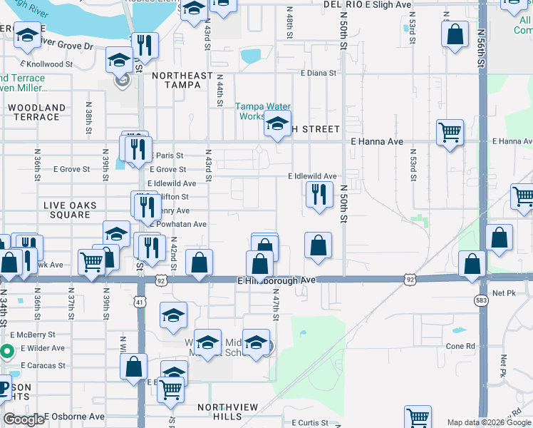 map of restaurants, bars, coffee shops, grocery stores, and more near 4507 East Henry Avenue in Tampa