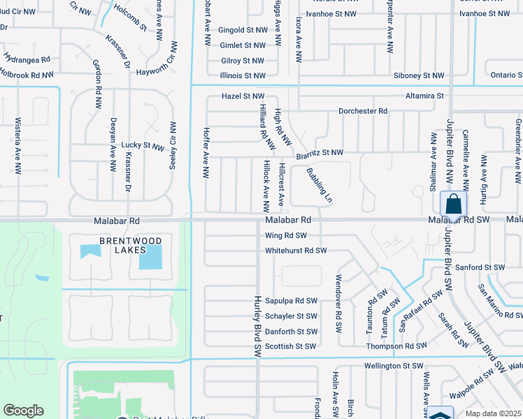 map of restaurants, bars, coffee shops, grocery stores, and more near 1277 Deedra Street Northwest in Palm Bay