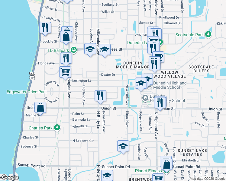 map of restaurants, bars, coffee shops, grocery stores, and more near 661 Orangewood Drive in Dunedin