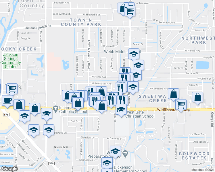 map of restaurants, bars, coffee shops, grocery stores, and more near 7606 Paula Drive in Tampa