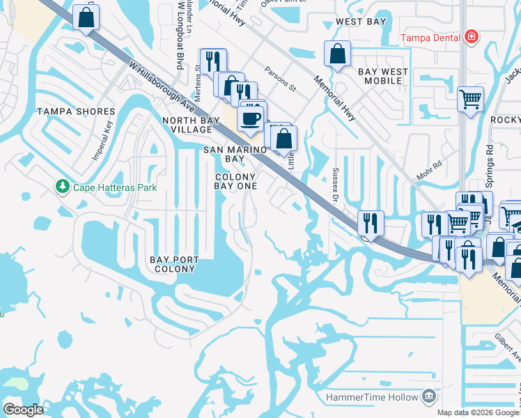 map of restaurants, bars, coffee shops, grocery stores, and more near 5937 Bayside Key Drive in Tampa
