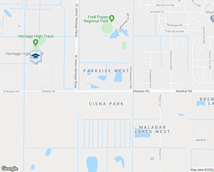 map of restaurants, bars, coffee shops, grocery stores, and more near 2490 Snapdragon Drive Northwest in Palm Bay