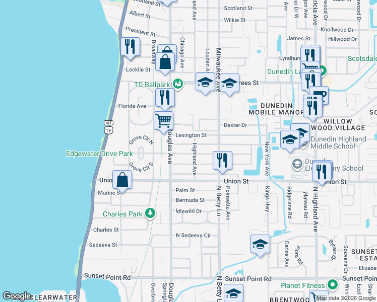 map of restaurants, bars, coffee shops, grocery stores, and more near 448 Orangewood Drive in Dunedin