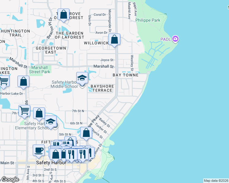 map of restaurants, bars, coffee shops, grocery stores, and more near 812 Duval Court in Safety Harbor
