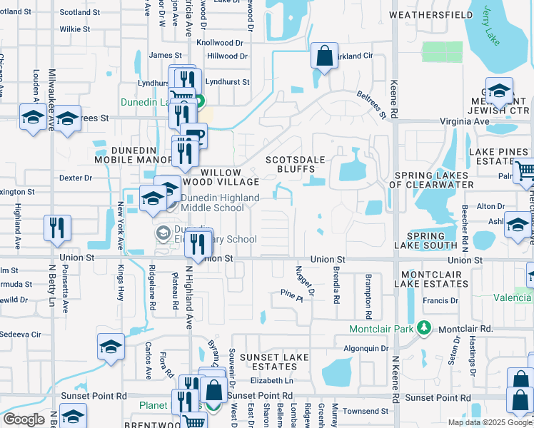 map of restaurants, bars, coffee shops, grocery stores, and more near 65 Lexington Drive in Dunedin