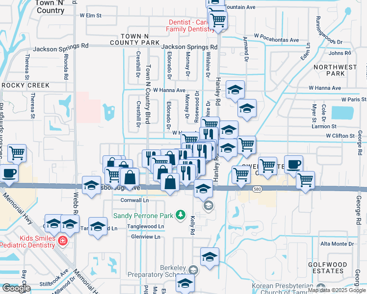 map of restaurants, bars, coffee shops, grocery stores, and more near 7606 Paula Drive in Tampa