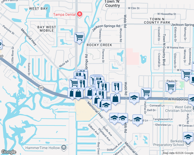 map of restaurants, bars, coffee shops, grocery stores, and more near 8503 Sunbeam Lane in Tampa