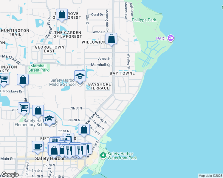 map of restaurants, bars, coffee shops, grocery stores, and more near 812 Duval Court in Safety Harbor