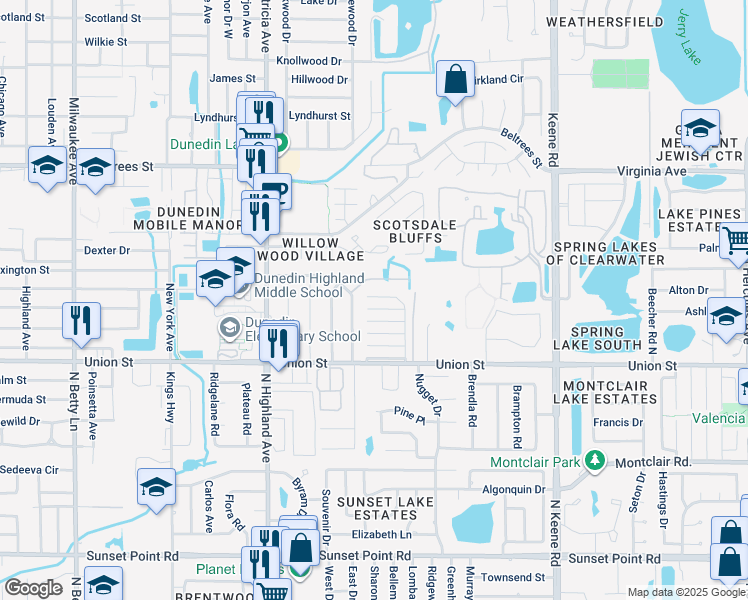 map of restaurants, bars, coffee shops, grocery stores, and more near 65 Lexington Drive in Dunedin