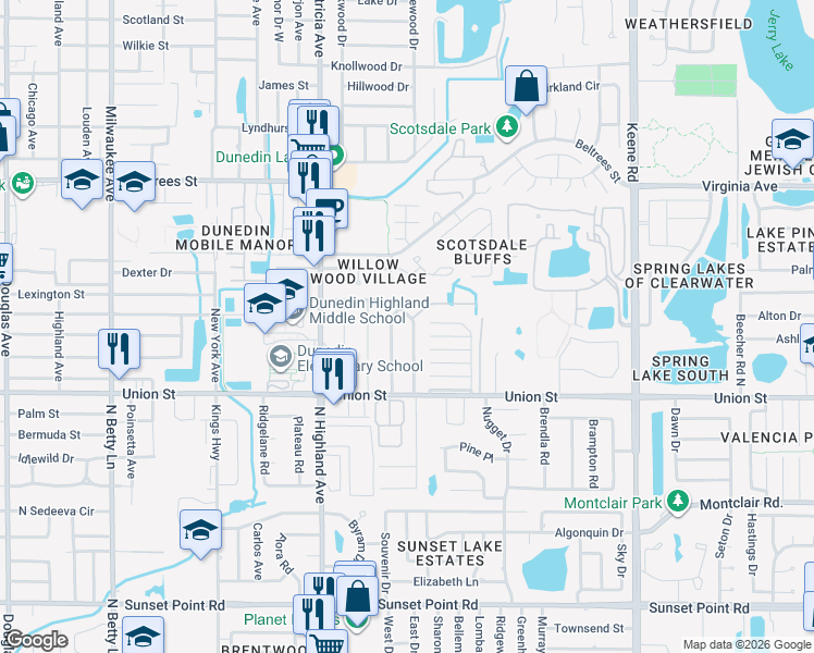 map of restaurants, bars, coffee shops, grocery stores, and more near 65 Lexington Drive in Dunedin