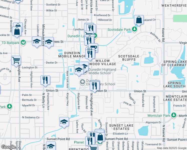 map of restaurants, bars, coffee shops, grocery stores, and more near 63 Oakwood Drive in Dunedin
