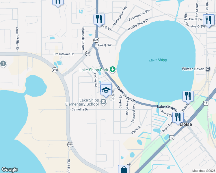 map of restaurants, bars, coffee shops, grocery stores, and more near 250 Camellia Drive in Winter Haven