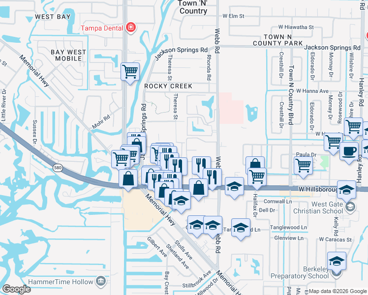 map of restaurants, bars, coffee shops, grocery stores, and more near 5741 Desert Rose Place in Tampa