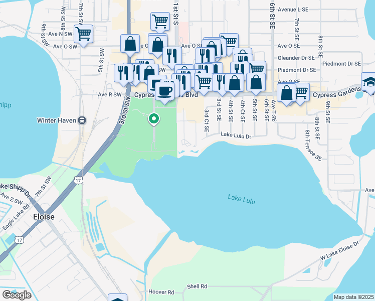 map of restaurants, bars, coffee shops, grocery stores, and more near 2160 San Marcos Circle Southeast in Winter Haven