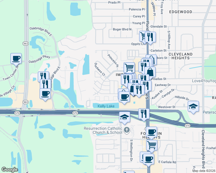 map of restaurants, bars, coffee shops, grocery stores, and more near 610 Avery Lane in Lakeland