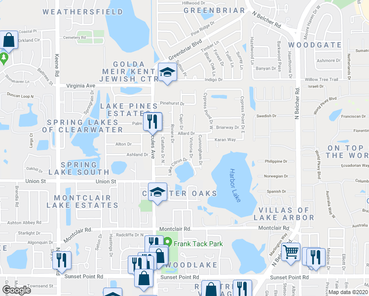 map of restaurants, bars, coffee shops, grocery stores, and more near 2040 Allard Drive in Clearwater
