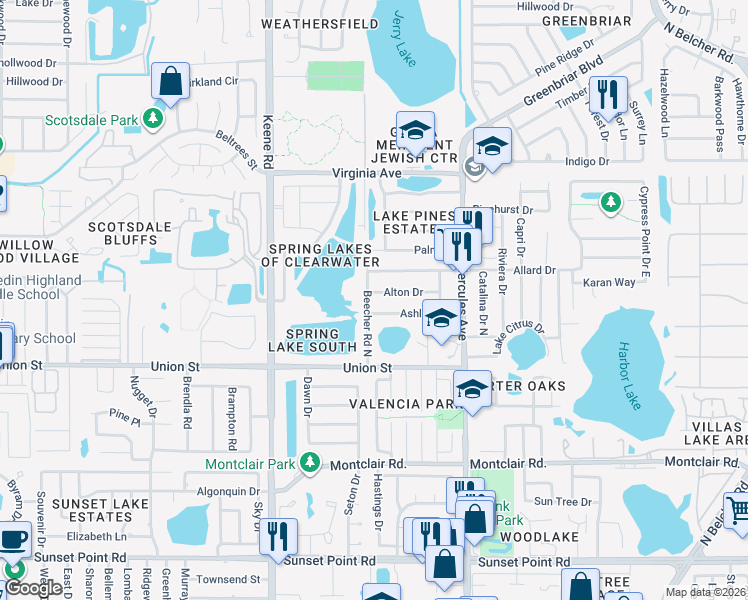 map of restaurants, bars, coffee shops, grocery stores, and more near 1957 Allard Drive in Clearwater