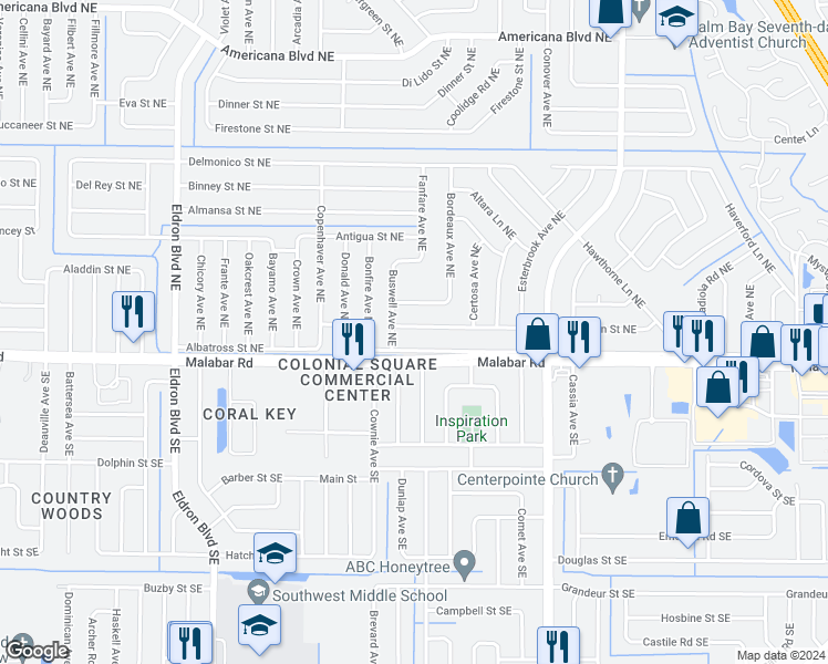 map of restaurants, bars, coffee shops, grocery stores, and more near 657 Fairhaven Street Northeast in Palm Bay