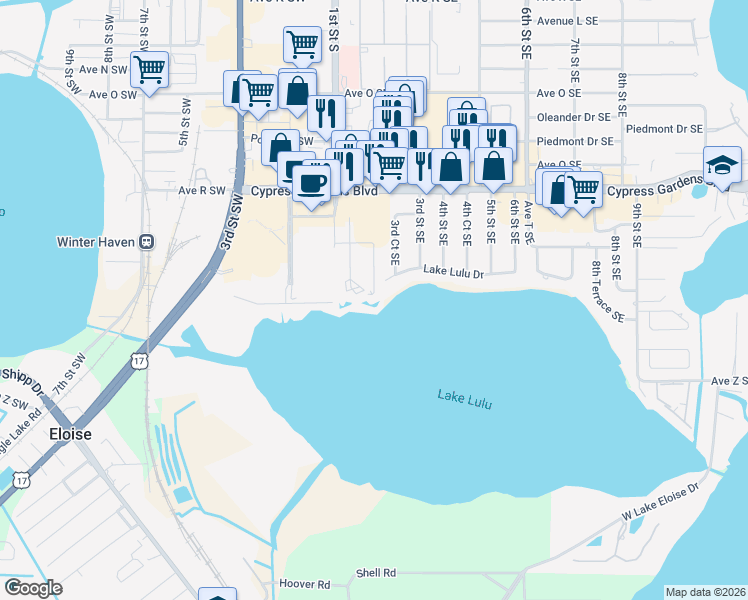 map of restaurants, bars, coffee shops, grocery stores, and more near 260 Lake Lulu Drive in Winter Haven