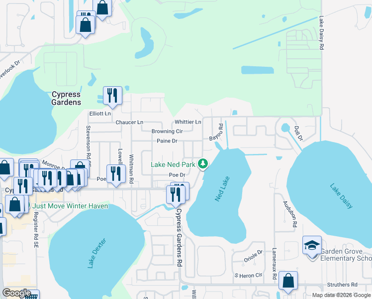 map of restaurants, bars, coffee shops, grocery stores, and more near 208 Shelley Drive in Winter Haven