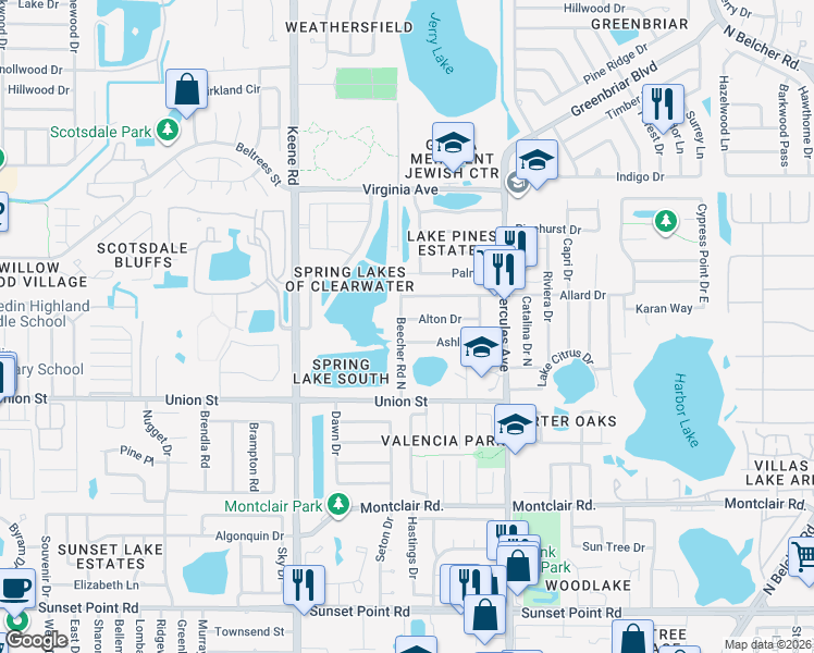 map of restaurants, bars, coffee shops, grocery stores, and more near 1957 Allard Drive in Clearwater