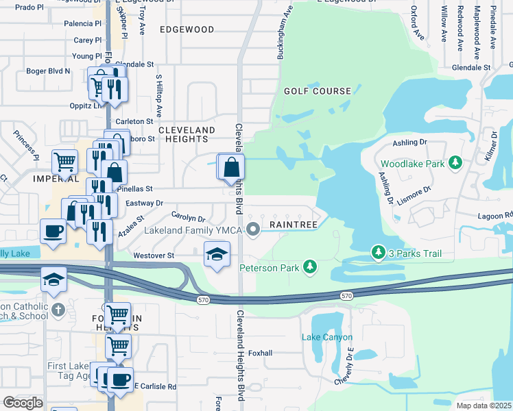 map of restaurants, bars, coffee shops, grocery stores, and more near 3510 Cleveland Heights Boulevard in Lakeland