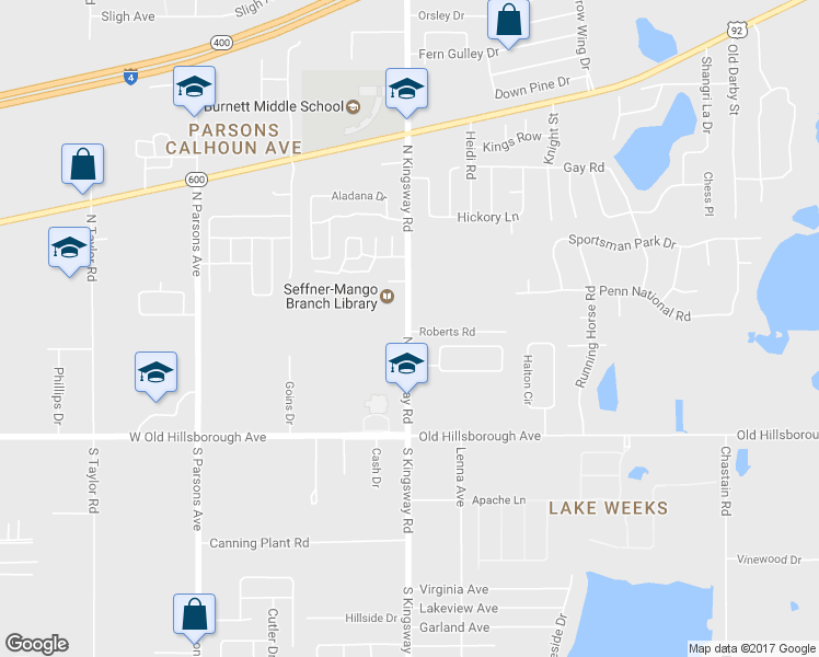 map of restaurants, bars, coffee shops, grocery stores, and more near 411 North Kingsway Road in Seffner
