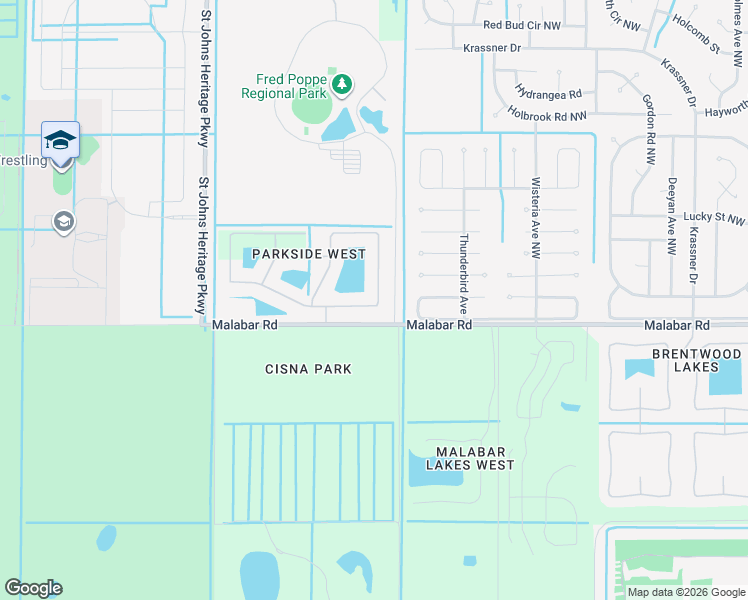 map of restaurants, bars, coffee shops, grocery stores, and more near 2028 Snapdragon Drive Northwest in Palm Bay