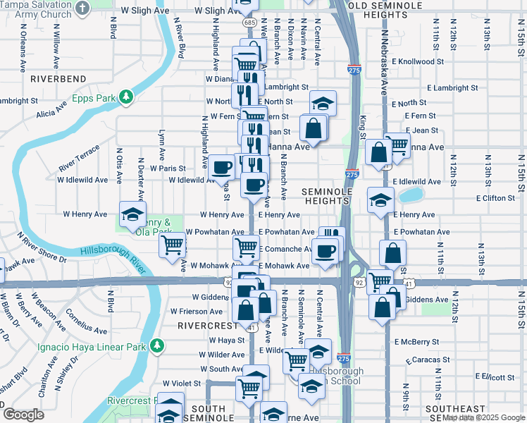 map of restaurants, bars, coffee shops, grocery stores, and more near 203 East Clifton Street in Tampa