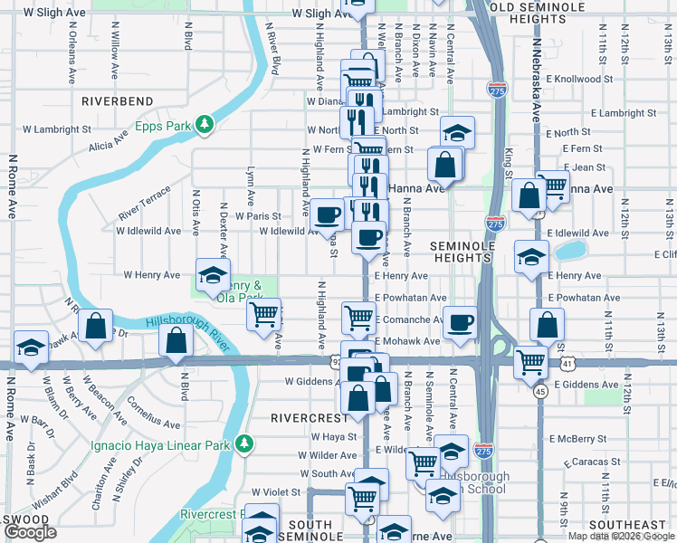 map of restaurants, bars, coffee shops, grocery stores, and more near 5906 North Tampa Street in Tampa